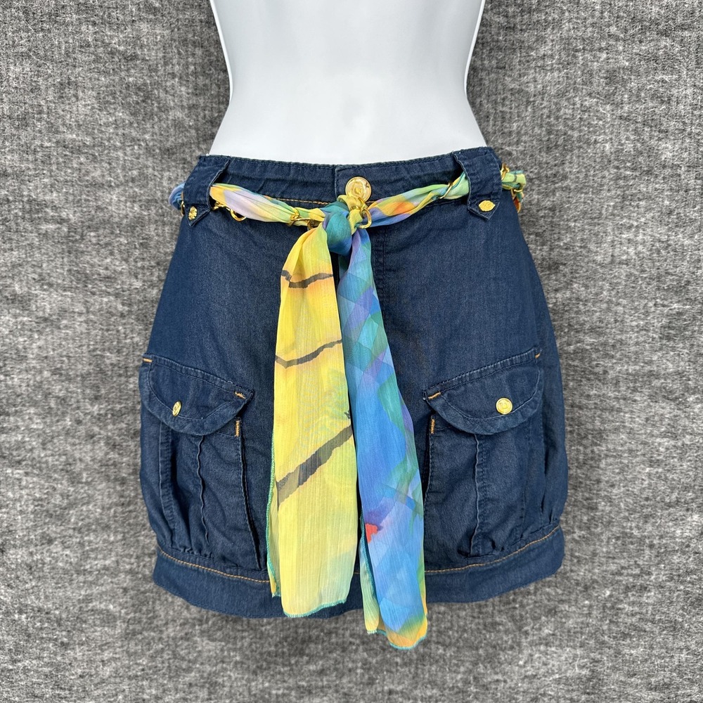 Vintage Apple Bottoms Denim Mini Skirt Womens 13/14 Blue Belted Scarf Chain Y2K‎